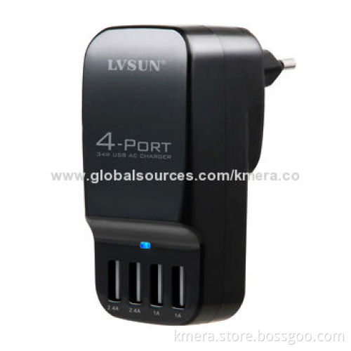 34W Portable Mobile Phone Charger with 4 Independent USB Ports, Charge to iPhone/iPad Simultaneously